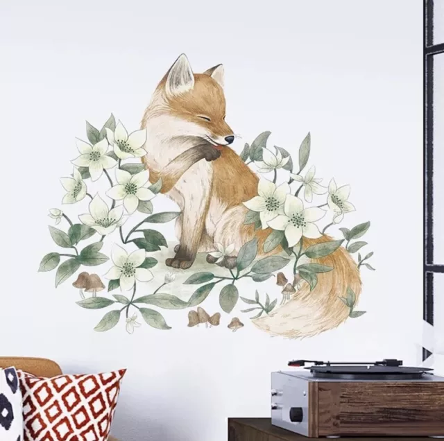 Cartoon Fox And Flowers Wall Sticker, Vinyl Art Removable Decal Mural Home Decor