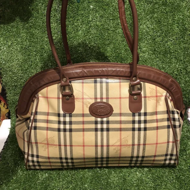 Vintage Burberry Brown Leather Nova Check Duffle Travel Satchel Bag