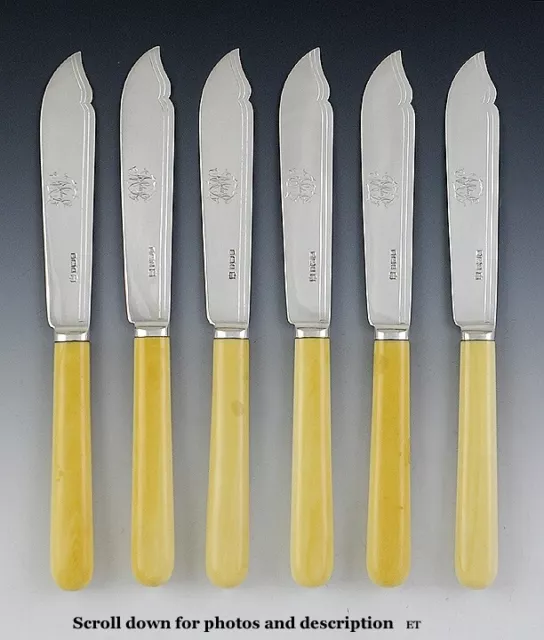 6 Antique 1893 Victorian English Sterling Silver Fish Dessert Knives 8.75"