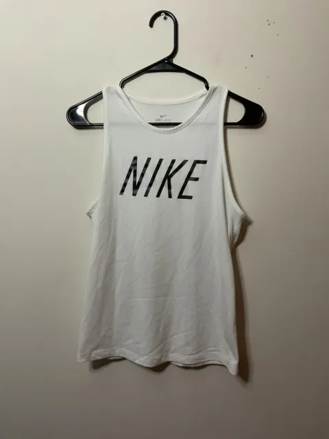 Nike Womens Dri Fit Tank Top White Athletic Work Out Black Logo Sleeveless Small
