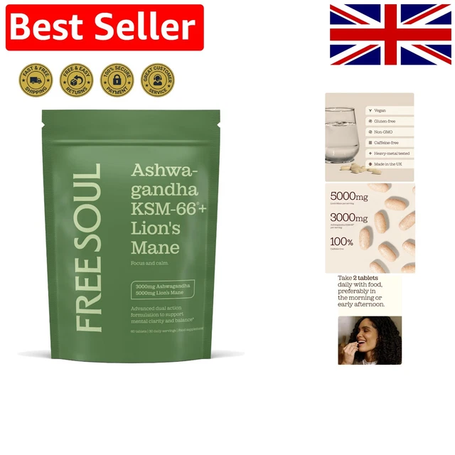ASHWAGANDHA KSM-66 + Lion's Mane Complex | 60 Tablets £13.93 - PicClick UK