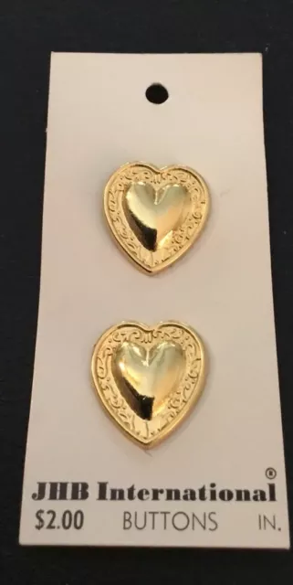 2 Vintage 7/8” JHB Realistic Novelty Figural Gold Tone Metal Heart Buttons