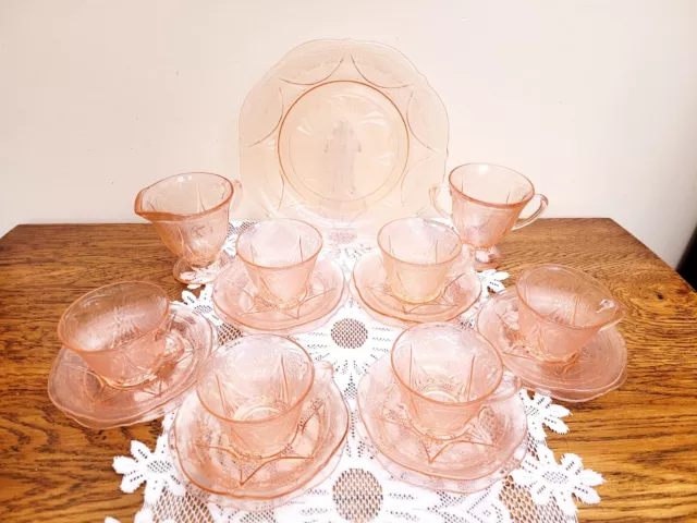 American Art Deco Hazel Atlas Pink Depression Glass 21pc Tea Service Royal Lace