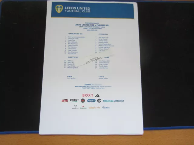 2023-24  PREMIER LEAGUE 2 U21   LEEDS UNITED U21 v FULHAM U21 TEAM SHEET