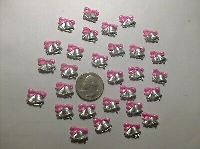 25 PINK & SILVER CELLULOID FLAT BOWS & BELLS----FOR CRAFTS---1950,s----VINTAGE