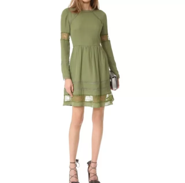 Alice + Olivia Janae Womens Silk Lace Trim Long Sleeve A-Line Dress Green Sage 8