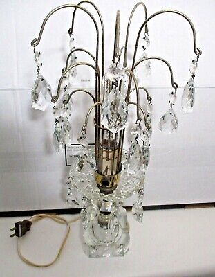 Waterfall Table Boudoir Lamp 1930s Intricate Brass Trim Crystals Glass Base Vtg