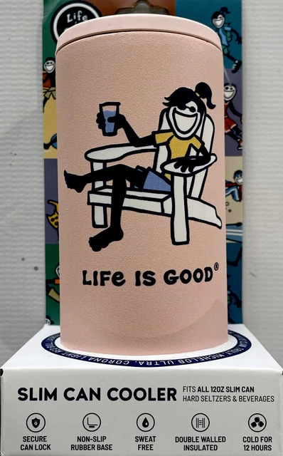 LIFE IS GOOD Enfriador de latas delgada rosa claro acero inoxidable doble pared aislado