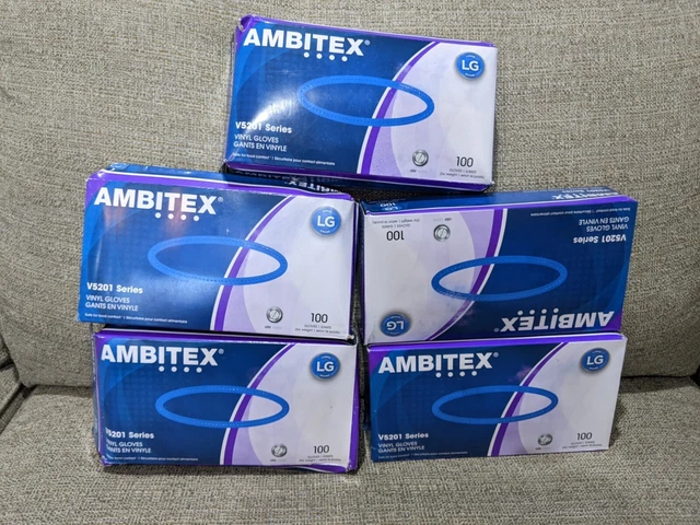 Lot 5 Boxes of Ambitex VLG5201 Vinyl Gloves Size L LG - 100 Ct 500 Gloves Total