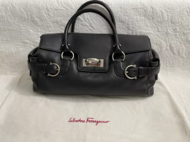 Salvatore Ferragamo Gancini Black Leather Shoulder Satchel Bag Top Handle