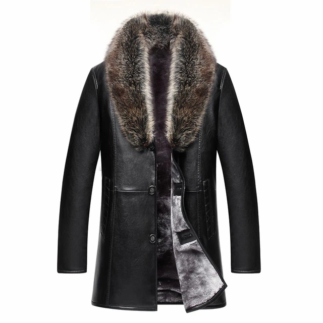 2022 Luxury Mens Thick Leather Real FUr Collar Single Breasted Parka Coat Jacket