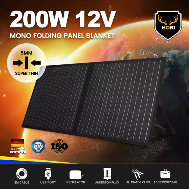 MOBI 200W 12V Folding Solar Panel Blanket Mono Mat 2M Cable Completed Kit & Legs