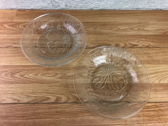 Pair Of Clear Glass Shallow Bowls With Embossed Flower Pattern
