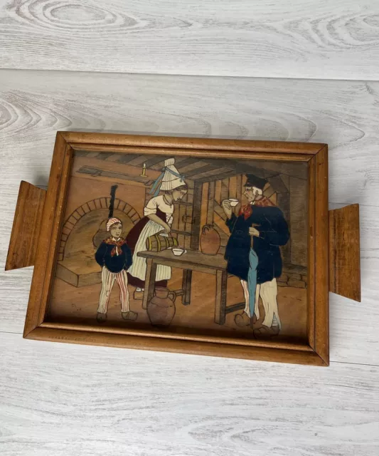 🔵 Ancien Plateau En Bois Avec Décoration Breton Avec 2 Poignet Plateau Vintage