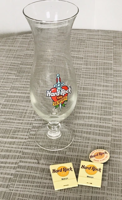 Vintage Hard Rock Cafe 25 Year MAUI Hurricane Cocktail Glass Match Books Pins