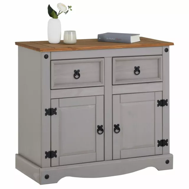 Buffet commode style mexicain avec 2 portes et 2 tiroirs en pin massif gris/brun