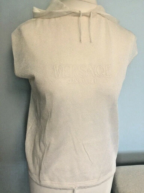 Gilet Vintage Designer Versace Senza Maniche Maglia LAVORATA Top Con Cappuccio, Corda da Disegno