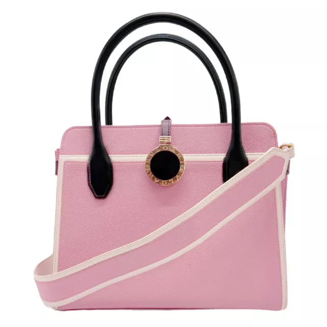 Auth BVLGARI Handbag Shoulder Bag Pink/Black/White Leather/Goldtone - z0796