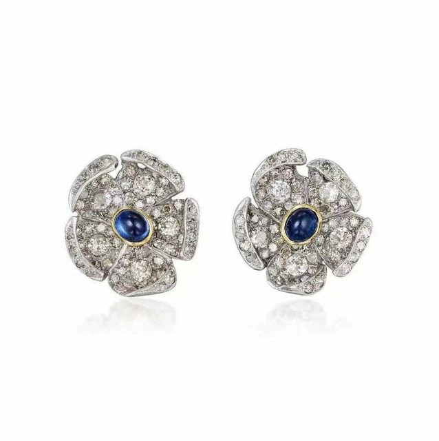 Early 20th Century Cabochon Blue Sapphire & Pave Set CZ 5.77TCW Floral Earrings