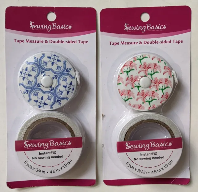 Lote de 2 juegos de cinta de coser retráctil medida y cinta de doble cara azul rosa flor