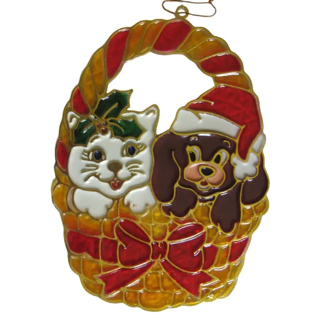 VTG Christmas Suncatcher Basket with Puppy and Kitten Bow Plastic Stained Glass