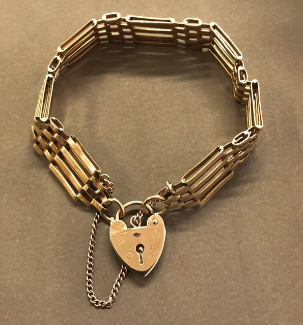 VINTAGE 9CT YELLOW Gold Gate Bracelet With Heart Lock & Safety Chain ...