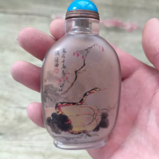 Vintage Chinese Glass Snuff Bottle With Inside Painting Viper Rare Exquisite Art