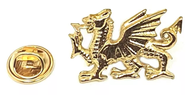 Hand Cast Fine English Pewter Gold Plate Pin Badge Medieval Welsh Dragon (≈25mm)