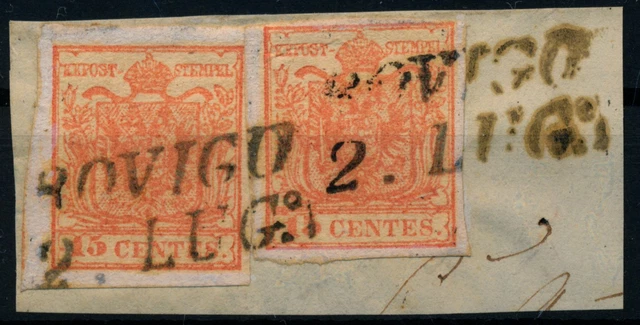 LOMBARDEI-VENETIEN 1850 2*15C auf Briefstück, MP, Type III. ROVIGO. Schön!