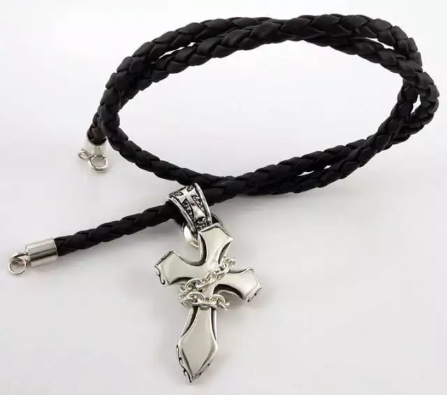 Cross 925 Sterling Silver Pendant Genuine Leather Mens Chain Necklace Biker New