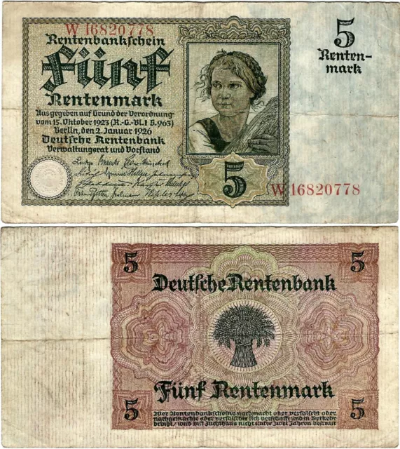 Rentenbankschein 5 Rentenmark 1926 Berlin DEU-209b Ro.164b P-169(2) SEHR SELTEN
