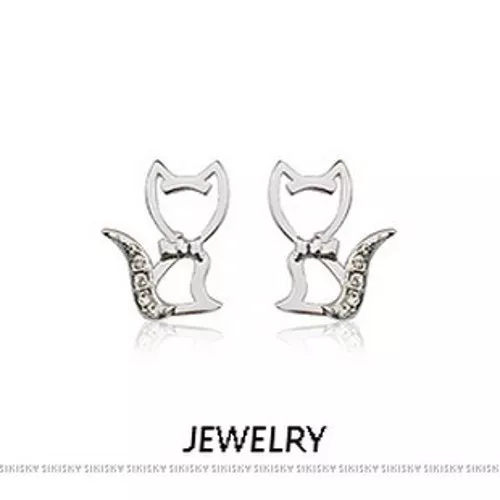 Gorgeous 18K White Gold Plated And Austrian Crystal Cat Earrings