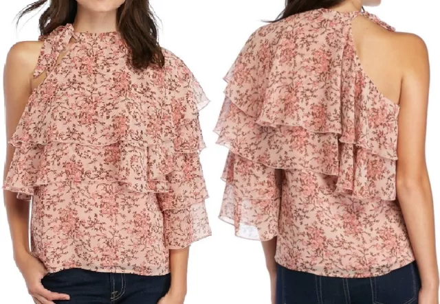 Wayf Colton Blush Floral Tiered 1-Shoulder Tie-Neck Crepe Chiffon Top - $79