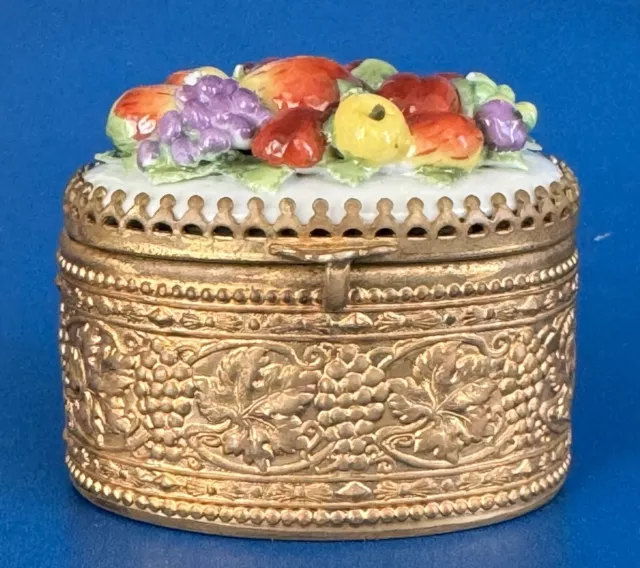 Antique-Elfinware Porcelain-Gold Gilt Brass-Fruit Motif-Trinket Box-Patch Box 3