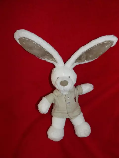 Doudou Peluche Pommette Lapin, Chien Blanc Oreille Marron Veste Lin Beige