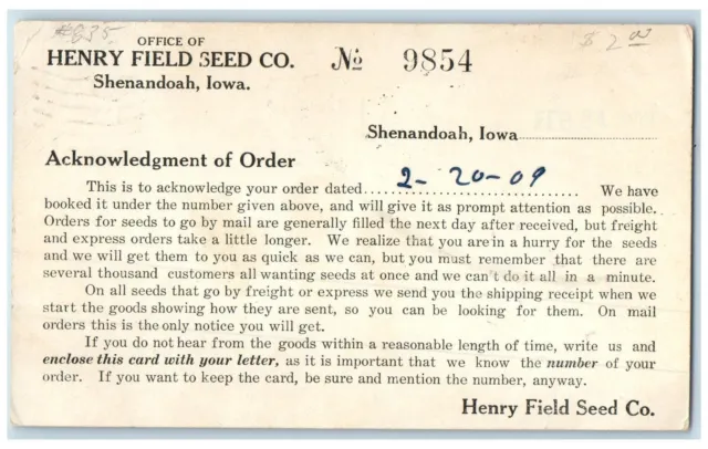 1909 Henry Field Seed Company Acknowledgement Of Order Shenandoah IA Postcard