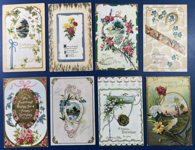 8 Nice Gold Borders Birthday Antique Postcards. EMB. Flowers, Horseshoes, Scenes