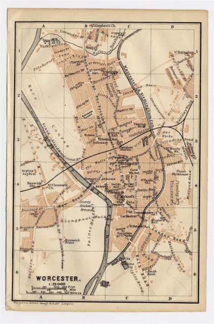 1906 Antique City Map Of Worcester / Worcestershire / West Midlands / England