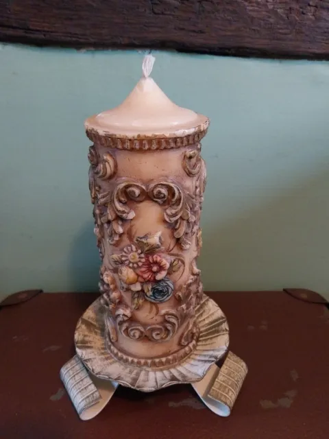 Antique Ornate Candle, Unlit, 20cm High on Metal Stand.