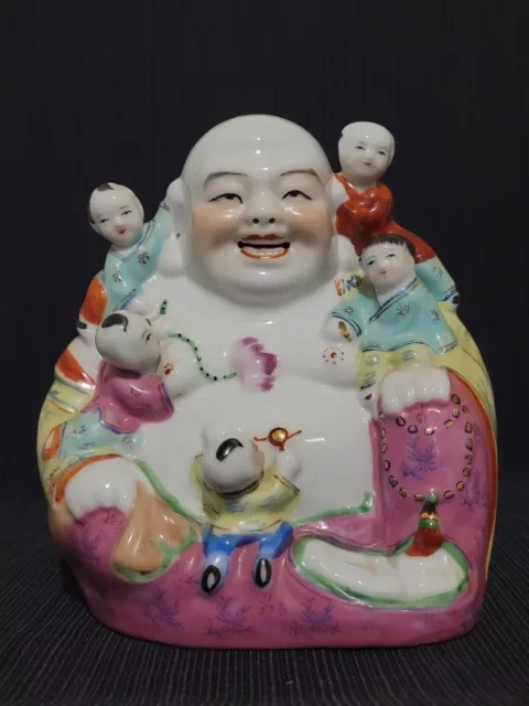 Porcelain Chinese Smiling Buddha With 5 Children 8.25"H With Marks