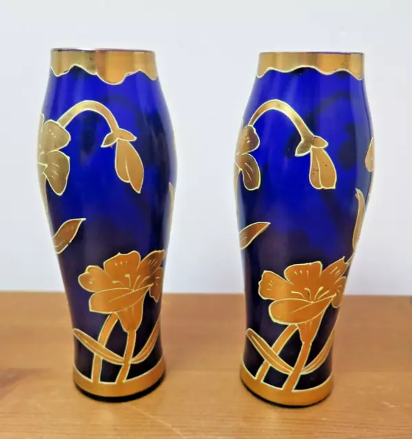 x2 Antique Art Nouveau Gold Gilded Cobalt Blue Glass Vase Josephinenhutte (?)