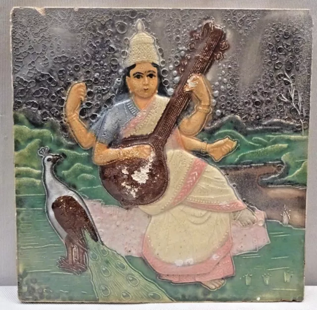 Antique Sarasvati Raja Ravi Varma Tile Painting Object Majolica Art India #340