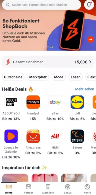 Cashback bei Lieferando, Media Markt, Saturn, H&M, Apotheke + 10,00€ Bonus