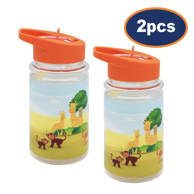 2pc Orange Zoo Animals Kids Water Drinking Flip Spout Bottle Travel 18oz Tumbler