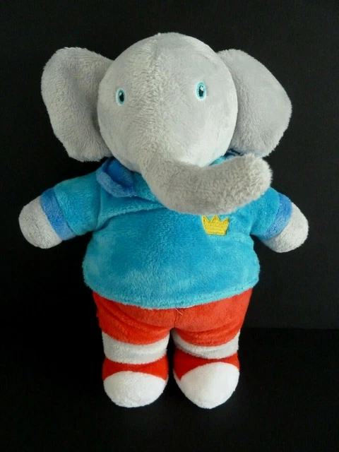 Peluche éléphant BABAR vert gris couronne nœud rouge yeux durs 27