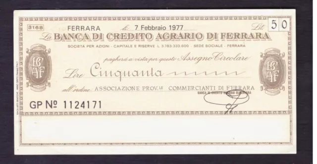 Miniassegno Banca Credito Agrario di Ferrara Ass. Commercianti 50 L 7-2-1977