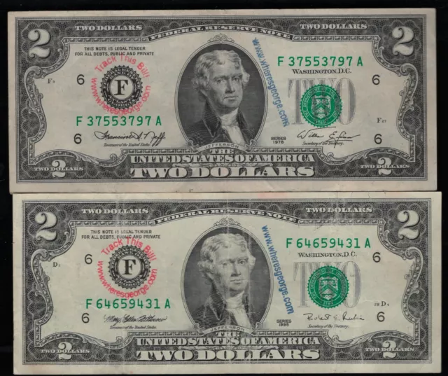 Pait of $2.00 Where's George Notes, 1976 and 1995 Atlanta District, Circulated