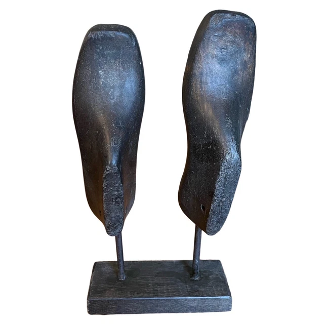 Antique Pair of Cobbler's Hand Made Wooden Shoe Forms on Metal/Wood Stand
