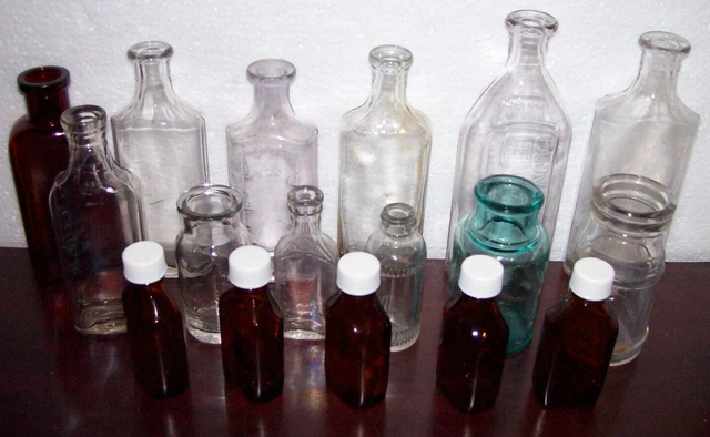 Lot of 17 Vintage Medicine, Apothecary and Household Glass Bottles Clear Amber