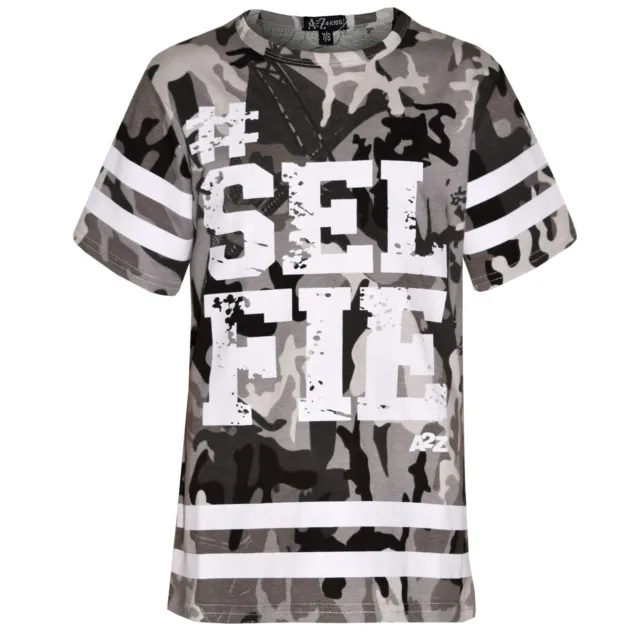 Girls Top Kids Designer's #Selfie Print Camouflage Fashion T Shirt Top 7-13 Yr